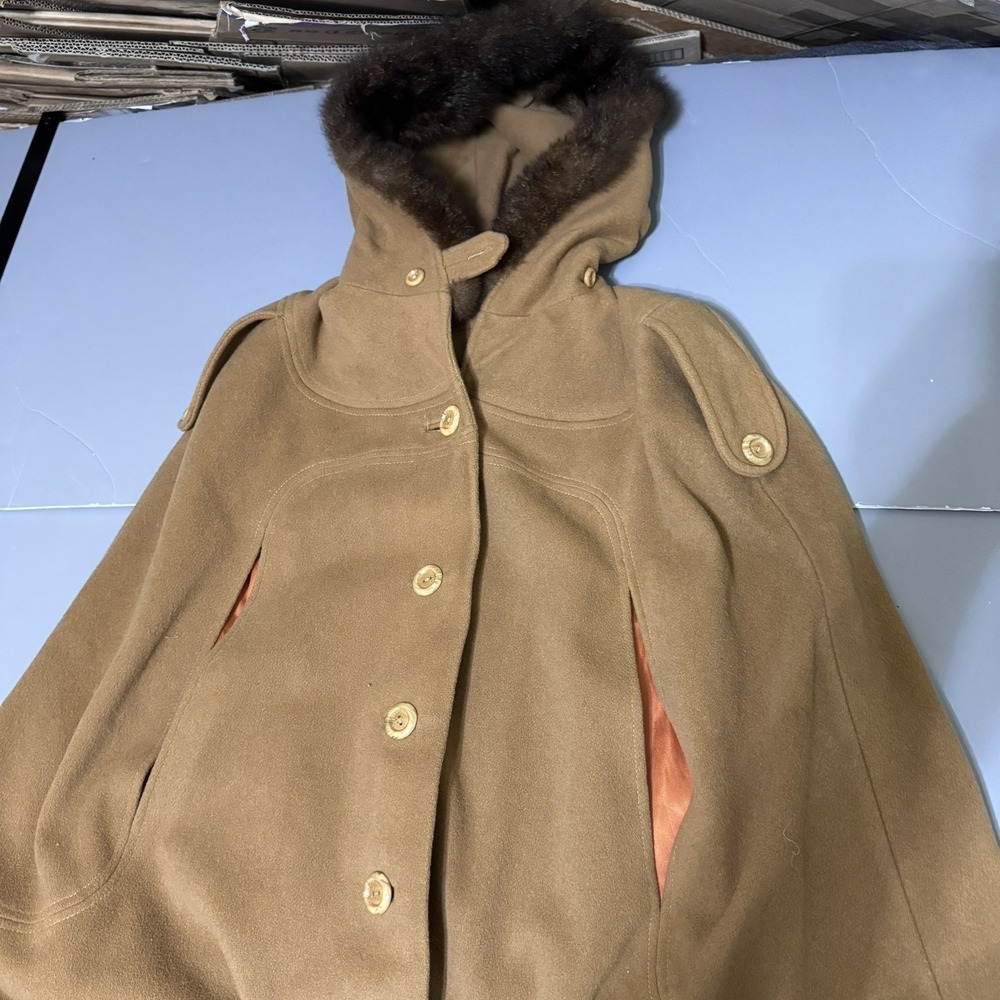 Vintage 50s 60s Alorna Wool Blend Fur Hooded Sleeveless Cape Coat Swing Holly